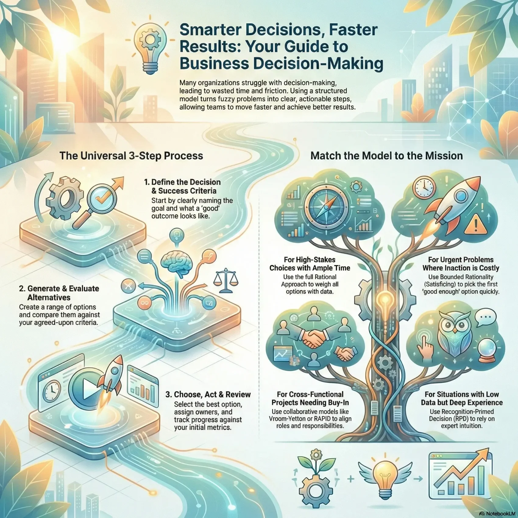 SmartKeys infographic: Business Decision-Making Models. A guide to smarter decisions using a universal 3-step process (Define, Generate, Act) and matching models to missions, including the Rational Approach, Bounded Rationality (Satisficing), Collaborative models (Vroom-Yetton), and Recognition-Primed Decision (RPD).