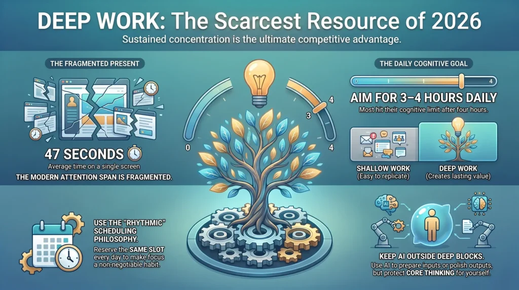 Infographic illustrating deep work strategies for 2026, detailing attention span fragmentation, daily cognitive targets, rhythmic scheduling, and managing AI during focus blocks.