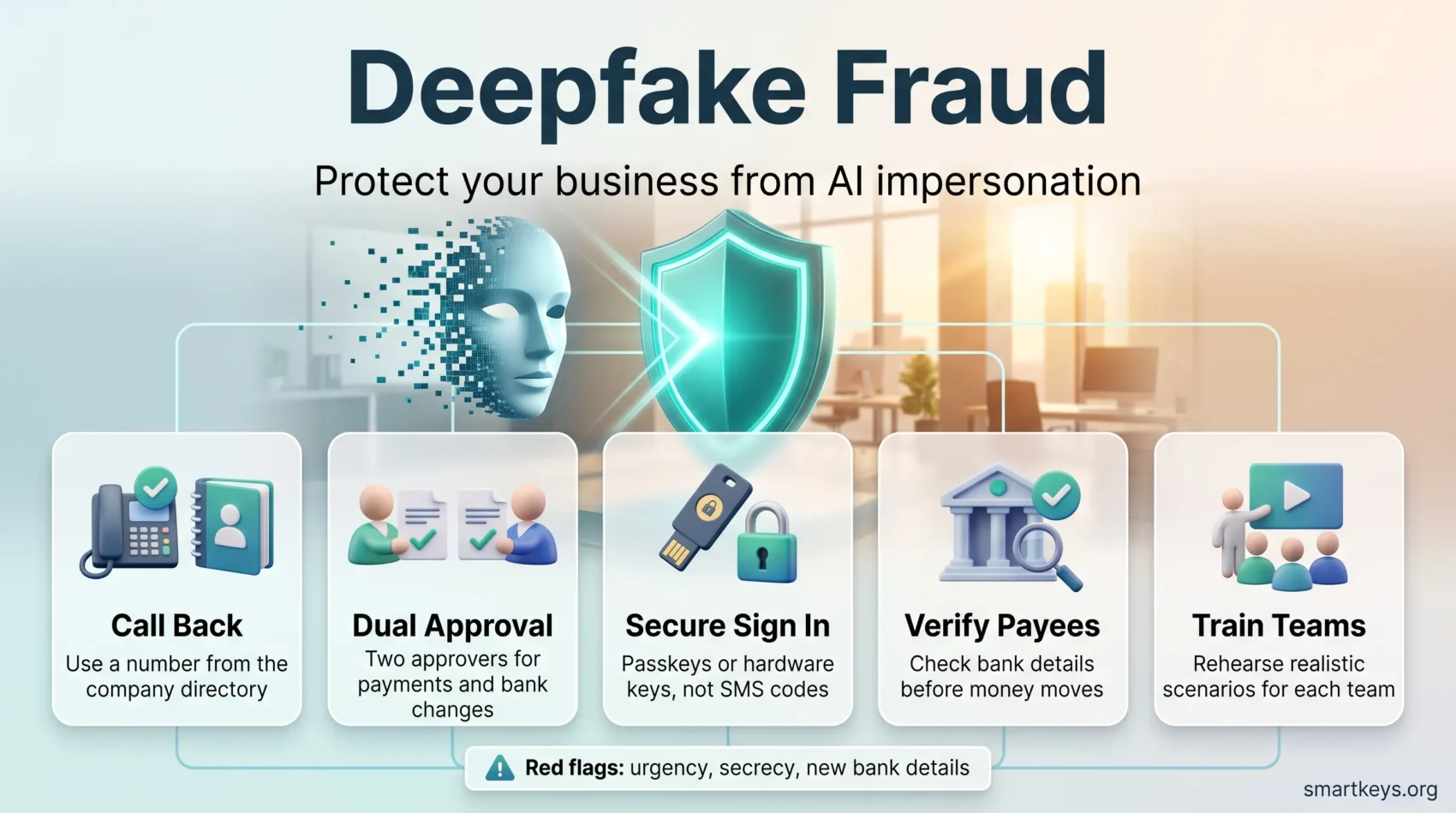 Infographic showing five defenses against deepfake fraud around a security shield: callbacks, dual approval, secure sign in, payee verification and team training.