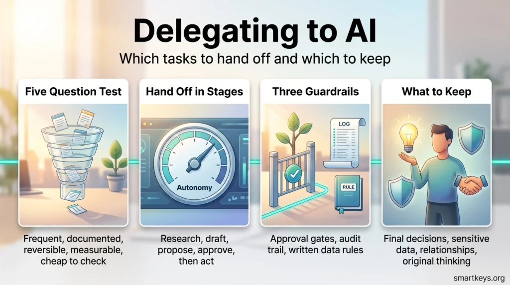 Infographic on delegating to AI: a five question task test, a staged handoff, three guardrails and the work that should stay with a human.