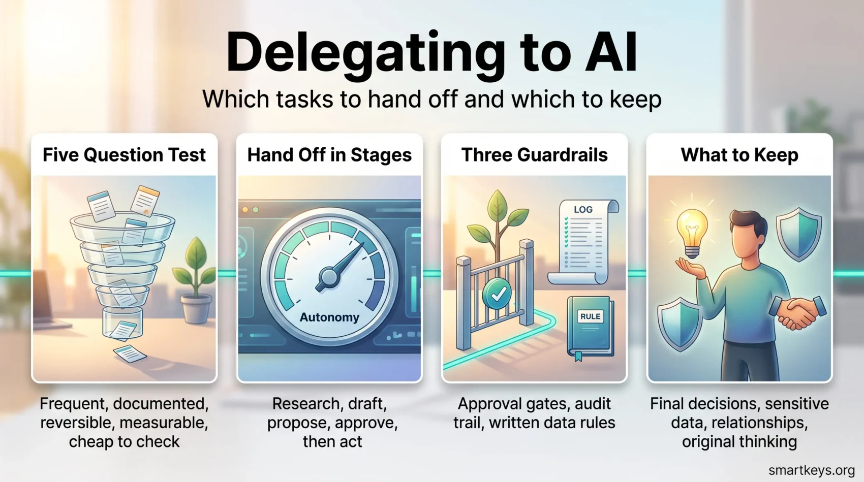 Infographic on delegating to AI: a five question task test, a staged handoff, three guardrails and the work that should stay with a human.