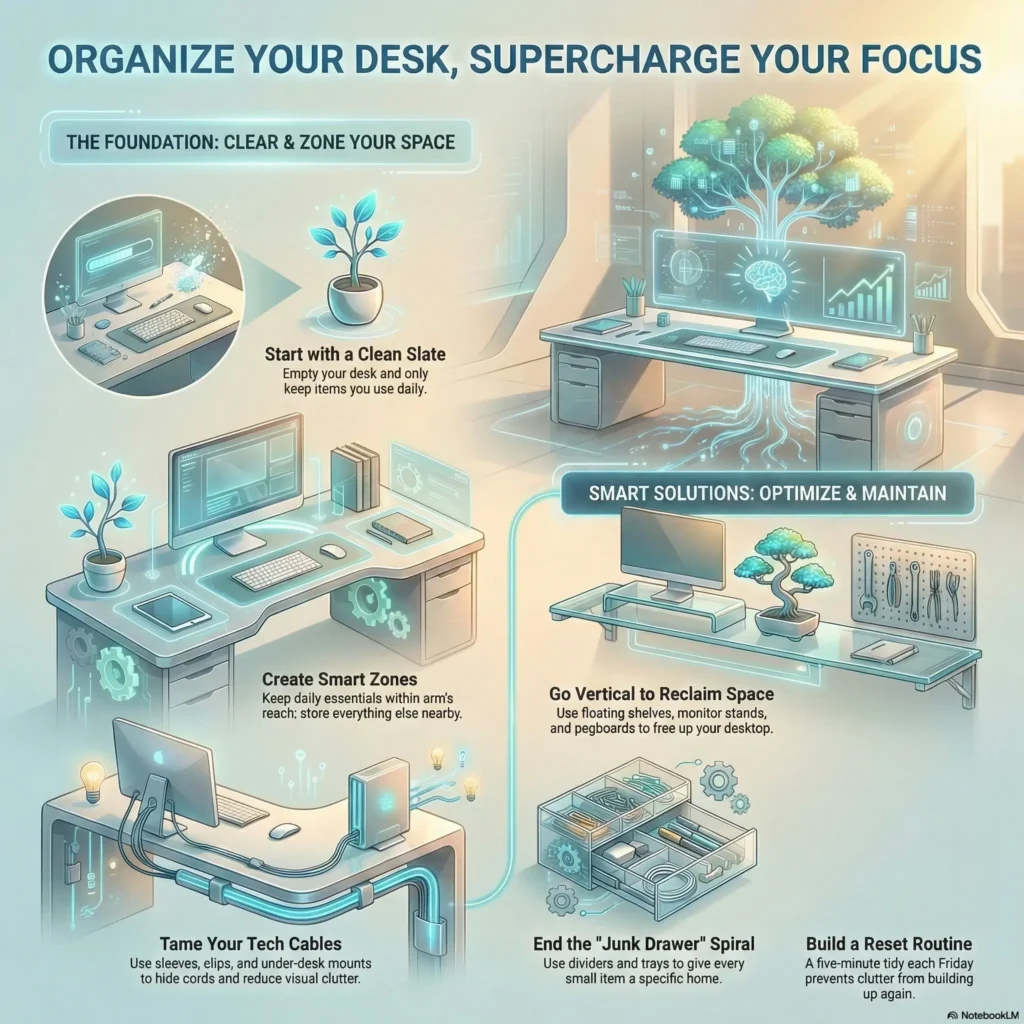SmartKeys infographic: Organize Your Desk, Supercharge Your Focus. Visual tips for workspace optimization, including creating smart zones, managing tech cables, using vertical storage, and establishing a reset routine for better productivity.