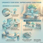 SmartKeys infographic: Organize Your Desk, Supercharge Your Focus. Visual tips for workspace optimization, including creating smart zones, managing tech cables, using vertical storage, and establishing a reset routine for better productivity.