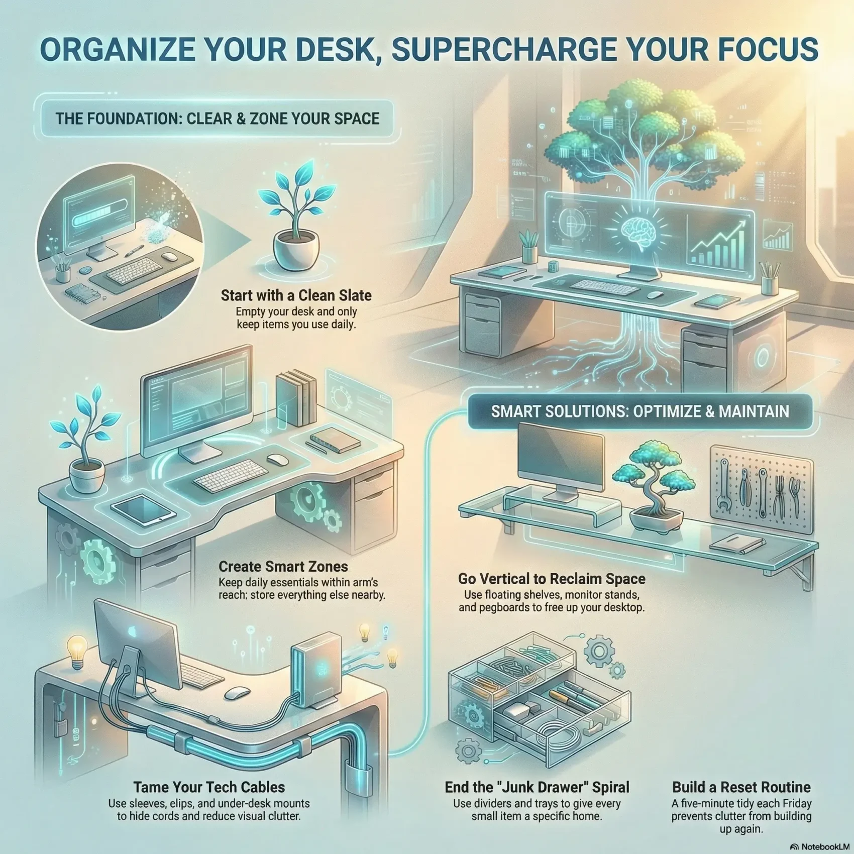 SmartKeys infographic: Organize Your Desk, Supercharge Your Focus. Visual tips for workspace optimization, including creating smart zones, managing tech cables, using vertical storage, and establishing a reset routine for better productivity.