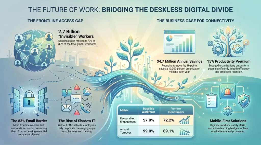 Infographic on the deskless digital divide: 2.7 billion frontline workers, access barriers and the business case