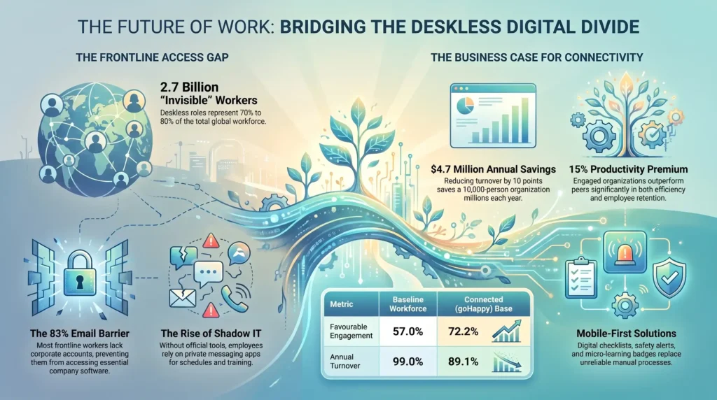 Infographic on the deskless digital divide: 2.7 billion frontline workers, access barriers and the business case