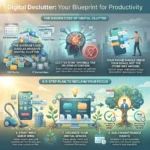 SmartKeys infographic titled "Digital Declutter: Your Blueprint for Productivity." It highlights the hidden costs of digital clutter, such as split focus and stress, and outlines a 3-step plan to reclaim attention: starting with quick wins like deleting unused apps, organizing digital folders, and building maintenance habits like a weekly reset.