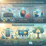 SmartKeys infographic titled "Digital Declutter: Your Blueprint for Productivity." It highlights the hidden costs of digital clutter, such as split focus and stress, and outlines a 3-step plan to reclaim attention: starting with quick wins like deleting unused apps, organizing digital folders, and building maintenance habits like a weekly reset.