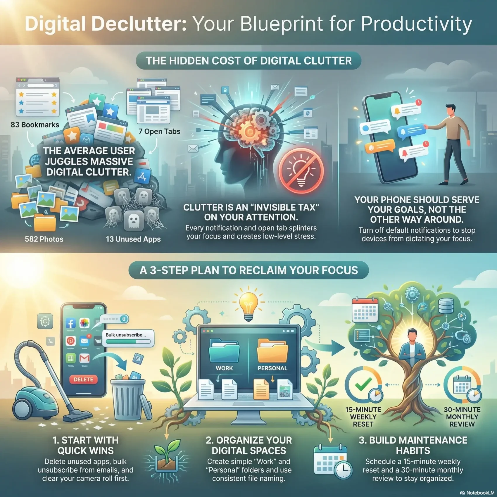 SmartKeys infographic titled "Digital Declutter: Your Blueprint for Productivity." It highlights the hidden costs of digital clutter, such as split focus and stress, and outlines a 3-step plan to reclaim attention: starting with quick wins like deleting unused apps, organizing digital folders, and building maintenance habits like a weekly reset.