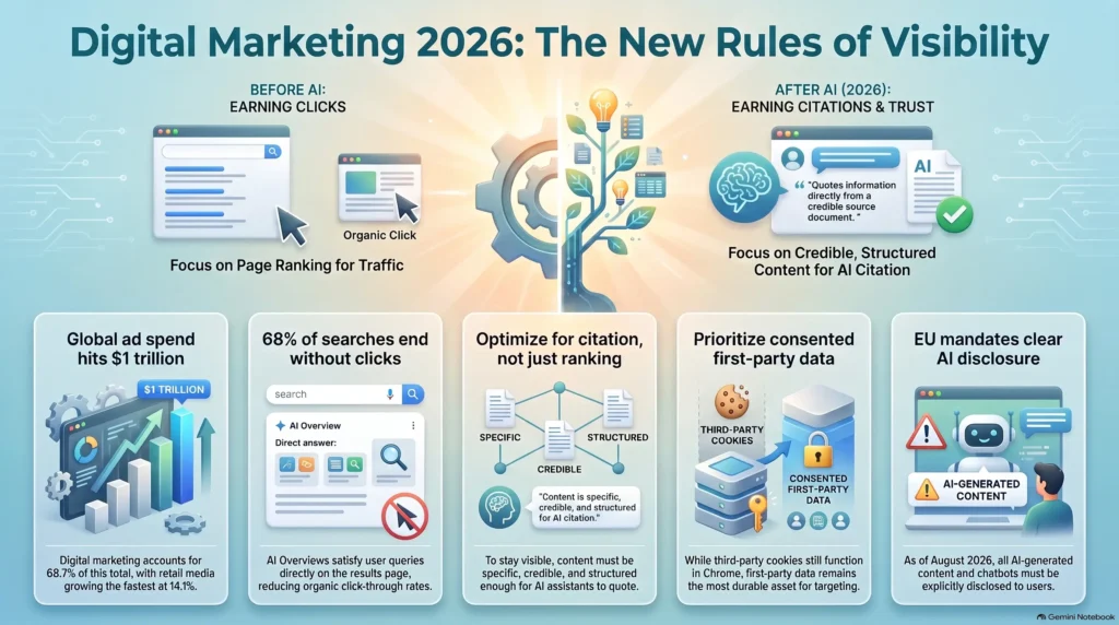Digital marketing 2026 trends infographic by SmartKeys showing the new rules of visibility, AI overviews, zero-click searches, first-party data strategies, and content optimization for AI citations.