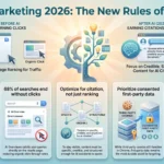 Digital Marketing in 2026: How Strategies Have Evolved Digital marketing 2026 trends infographic by SmartKeys showing the new rules of visibility, AI overviews, zero-click searches, first-party data strategies, and content optimization for AI citations.
