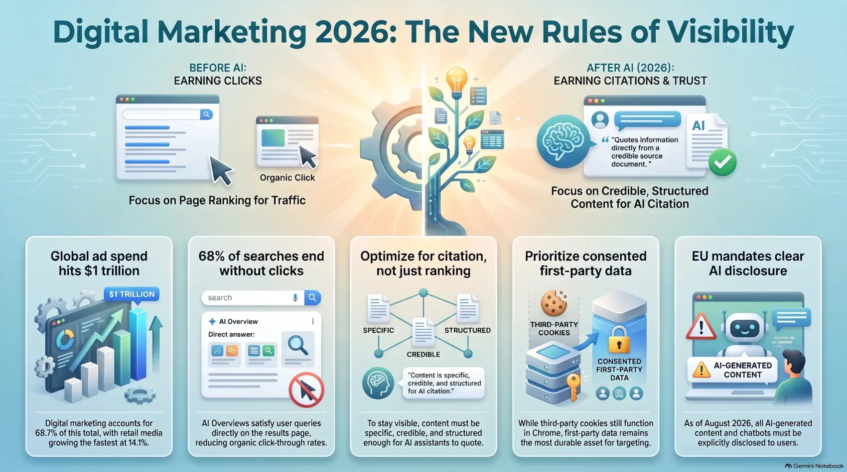 Digital marketing 2026 trends infographic by SmartKeys showing the new rules of visibility, AI overviews, zero-click searches, first-party data strategies, and content optimization for AI citations.