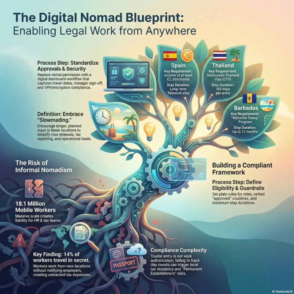 SmartKeys infographic outlining a digital nomad blueprint, explaining how to enable legal remote work with standardized approvals, compliant tax frameworks, and destination visas.