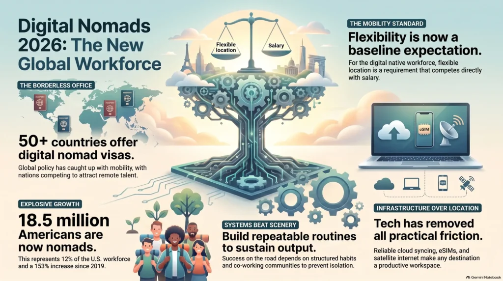 Infographic by SmartKeys on the 2026 digital nomad workforce growth, covering global nomad visas, mobile work infrastructure, flexible location standards, and daily productivity routines.