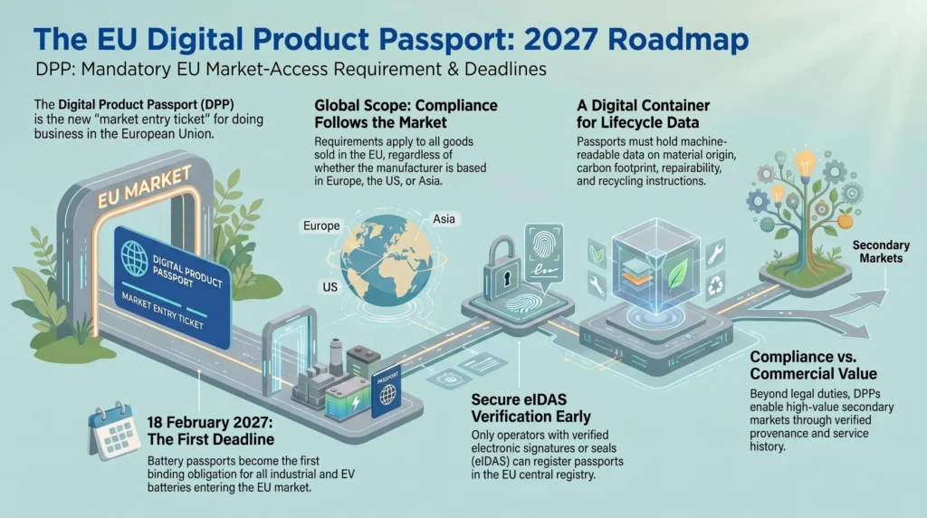 Infographic mapping the EU digital product passport roadmap to the February 2027 battery passport deadline