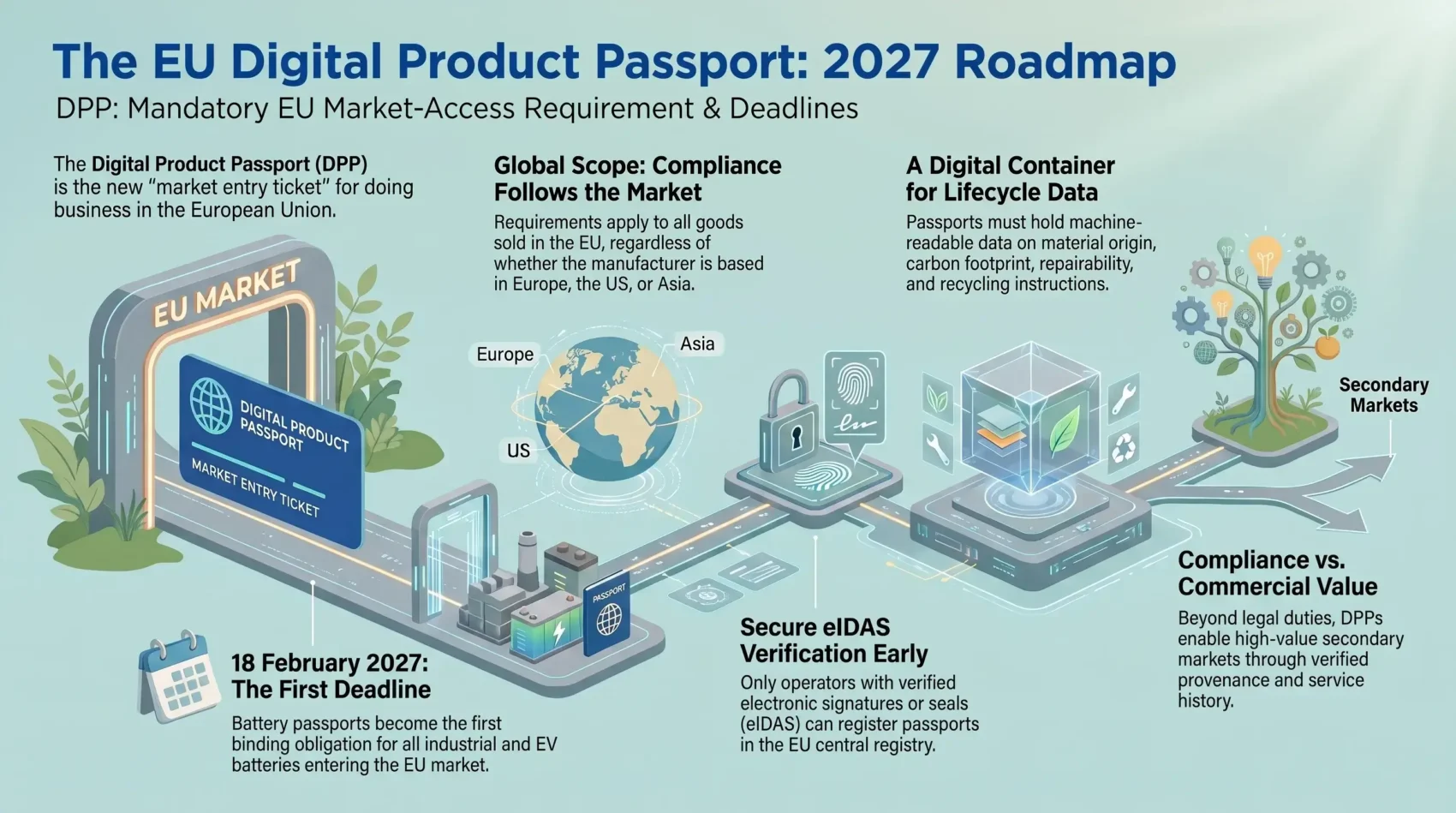 Infographic mapping the EU digital product passport roadmap to the February 2027 battery passport deadline