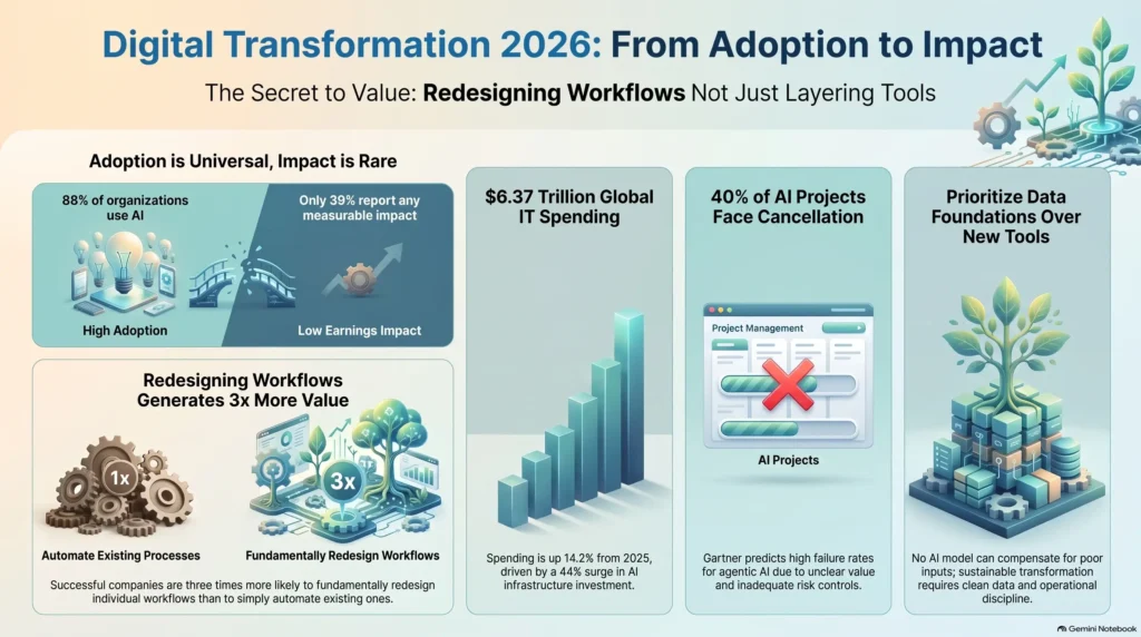 Infographic detailing digital transformation trends in 2026, comparing technology adoption with business impact, IT spending growth, and the value of workflow redesign over tooling.