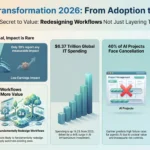 Infographic detailing digital transformation trends in 2026, comparing technology adoption with business impact, IT spending growth, and the value of workflow redesign over tooling.