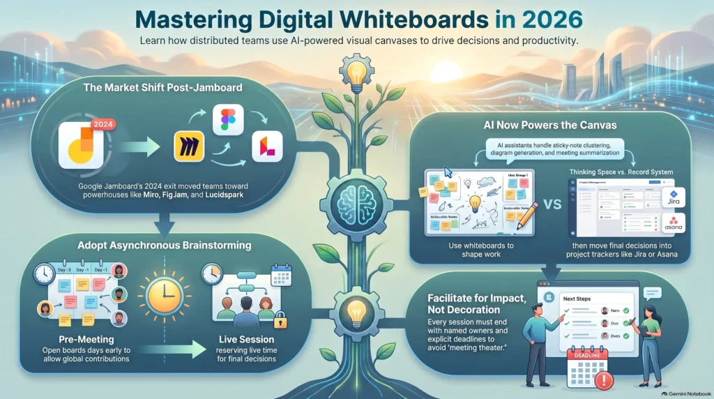 Infographic on Mastering Digital Whiteboards in 2026 for hybrid teams, detailing the post-Jamboard market shift to Miro and FigJam, AI canvas automation, asynchronous brainstorming workflows, and project management integration with Jira and Asana.
