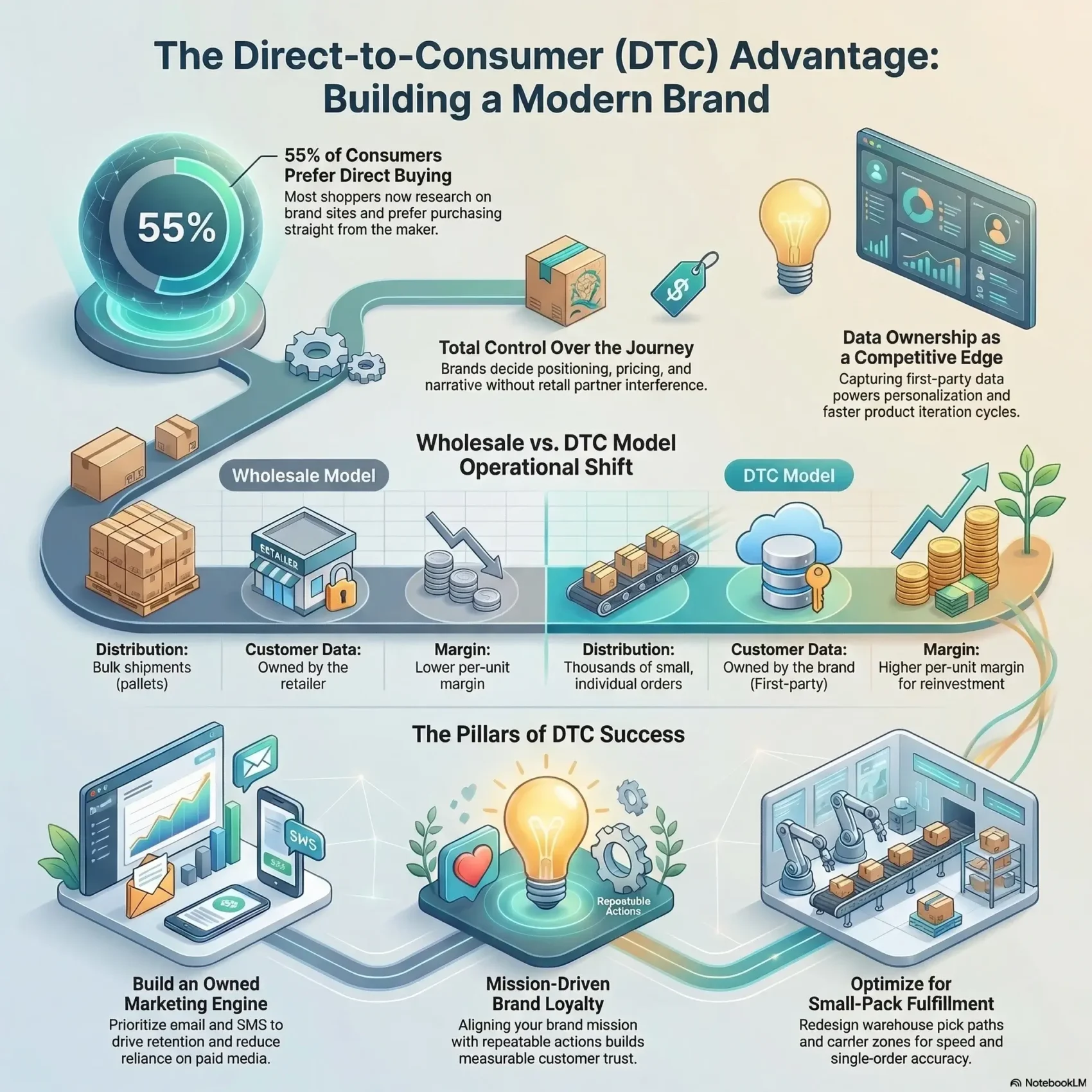 SmartKeys infographic explaining the Direct-to-Consumer (DTC) advantage, comparing traditional wholesale to DTC models, and detailing the core pillars of e-commerce success.