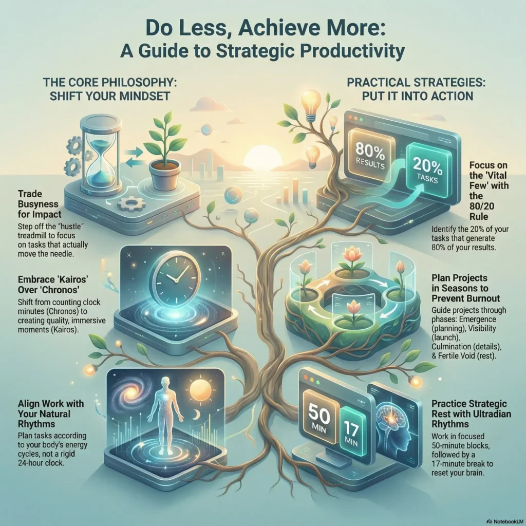 Infographic titled Do Less, Achieve More: A Guide to Strategic Productivity. It visualizes strategies to boost efficiency, including shifting mindsets from busyness to impact, using the 80/20 rule, aligning work with Ultradian rhythms, and planning in seasons.