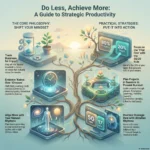 Do Less to Achieve More: Focus on Fewer Priorities to Boost Productivity Infographic titled Do Less, Achieve More: A Guide to Strategic Productivity. It visualizes strategies to boost efficiency, including shifting mindsets from busyness to impact, using the 80/20 rule, aligning work with Ultradian rhythms, and planning in seasons.