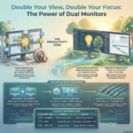 Dual Monitors for Productivity: Why a Second Screen Improves Workflow SmartKeys infographic explaining the productivity edge of dual monitors, highlighting how a second screen reduces mental load, alongside a pro setup guide for ergonomic alignment and display connection types.