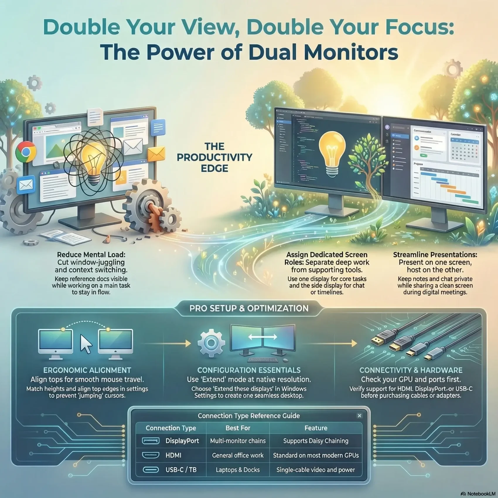 SmartKeys infographic explaining the productivity edge of dual monitors, highlighting how a second screen reduces mental load, alongside a pro setup guide for ergonomic alignment and display connection types.
