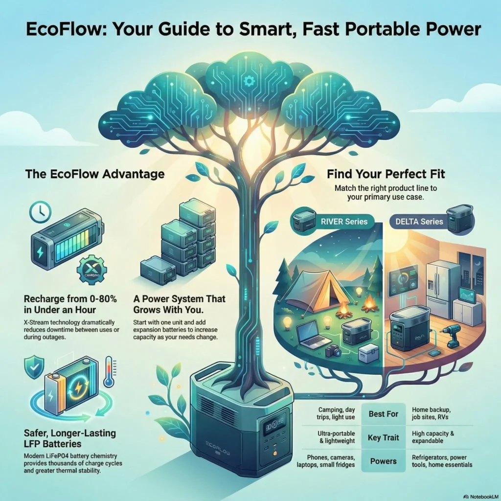 Infographic titled 'EcoFlow: Your Guide to Smart, Fast Portable Power' illustrating key advantages including X-Stream fast charging (0-80% in under an hour), expandable capacity, and LFP battery safety. The graphic features a comparison tree branching into the portable RIVER Series for camping and the powerful DELTA Series for home backup, summarizing the SmartKeys EcoFlow review.