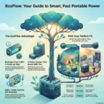 EcoFlow Review 2026: Which Power Station Is Actually Worth It? Infographic titled 'EcoFlow: Your Guide to Smart, Fast Portable Power' illustrating key advantages including X-Stream fast charging (0-80% in under an hour), expandable capacity, and LFP battery safety. The graphic features a comparison tree branching into the portable RIVER Series for camping and the powerful DELTA Series for home backup, summarizing the SmartKeys EcoFlow review.