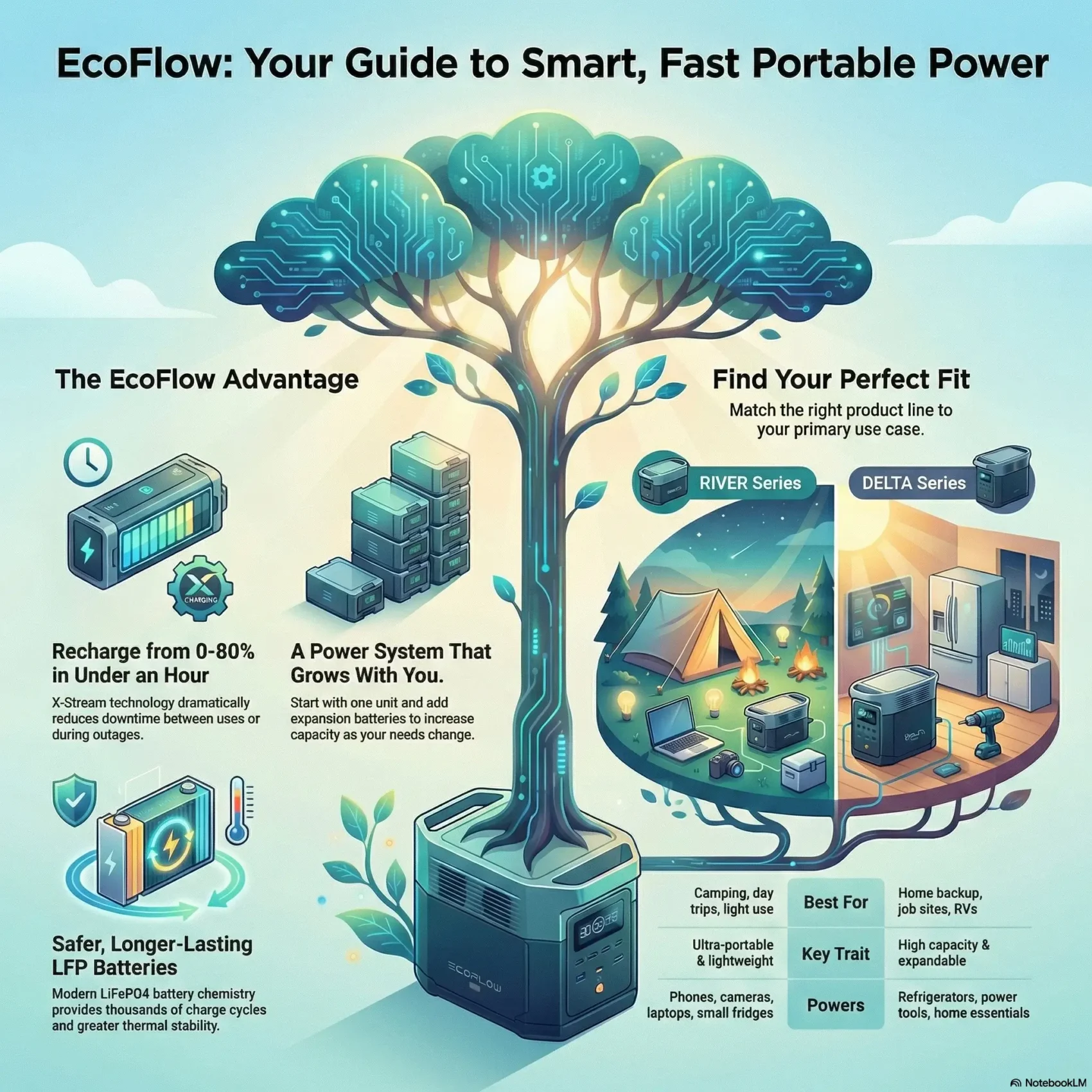Infographic titled 'EcoFlow: Your Guide to Smart, Fast Portable Power' illustrating key advantages including X-Stream fast charging (0-80% in under an hour), expandable capacity, and LFP battery safety. The graphic features a comparison tree branching into the portable RIVER Series for camping and the powerful DELTA Series for home backup, summarizing the SmartKeys EcoFlow review.
