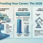 The Role of Education in Preparing for Future Jobs Career outlook and education infographic for 2026 by SmartKeys, detailing job growth sectors, the degree dividend wage gap, and the importance of durable human skills versus perishable technical skills.