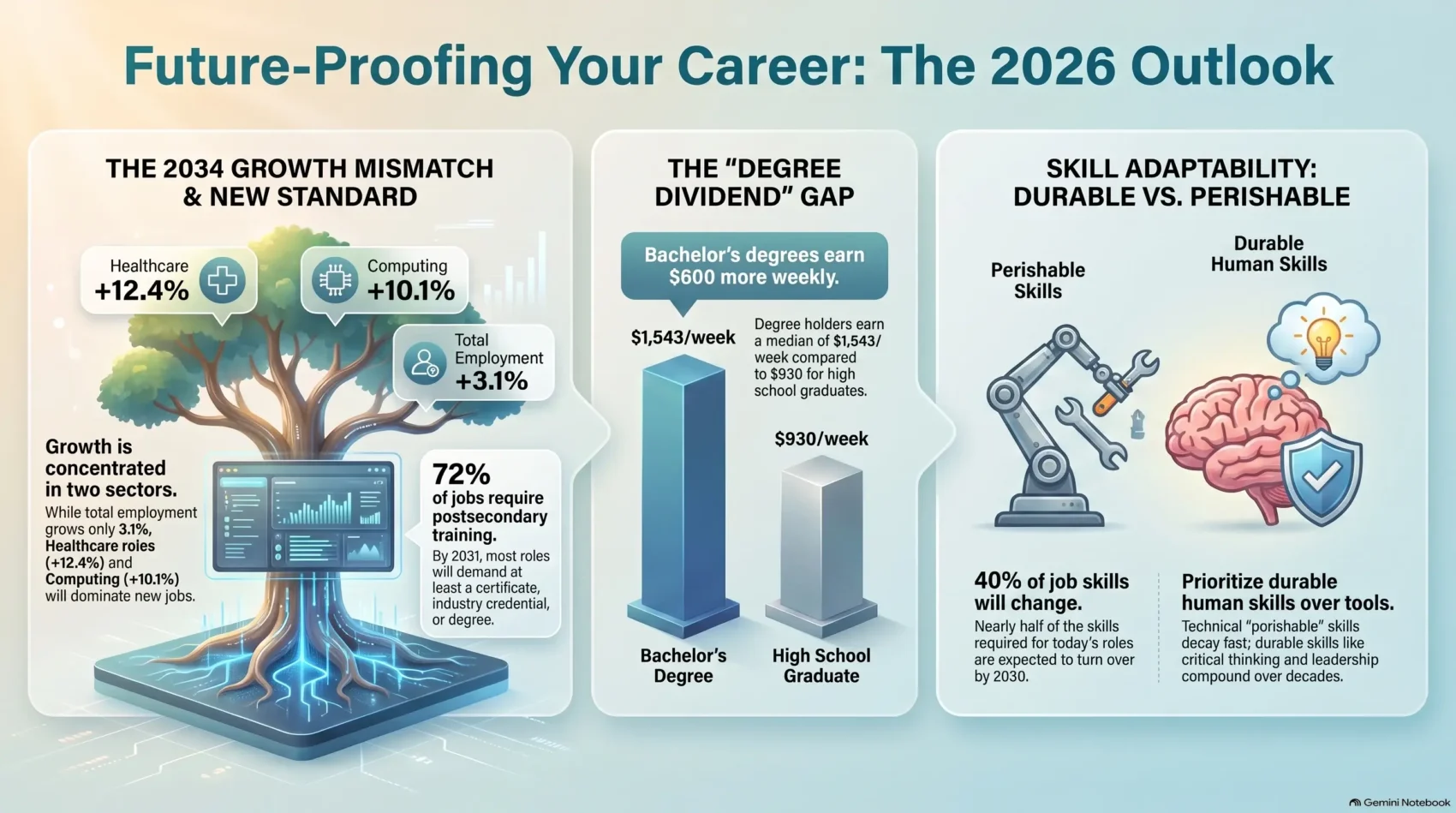 Career outlook and education infographic for 2026 by SmartKeys, detailing job growth sectors, the degree dividend wage gap, and the importance of durable human skills versus perishable technical skills.