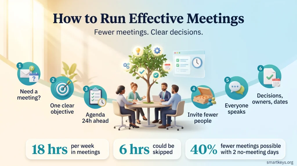 Infographic showing six steps to run effective meetings, from deciding if a meeting is needed to closing with decisions, owners and dates