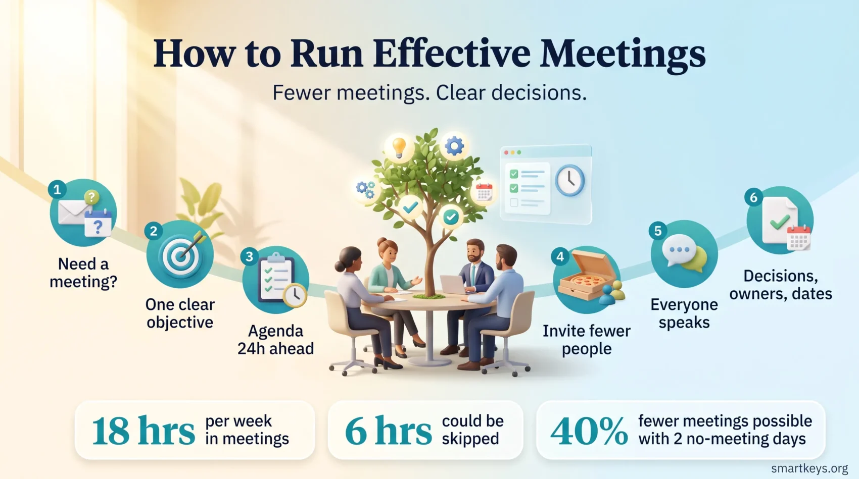Infographic showing six steps to run effective meetings, from deciding if a meeting is needed to closing with decisions, owners and dates