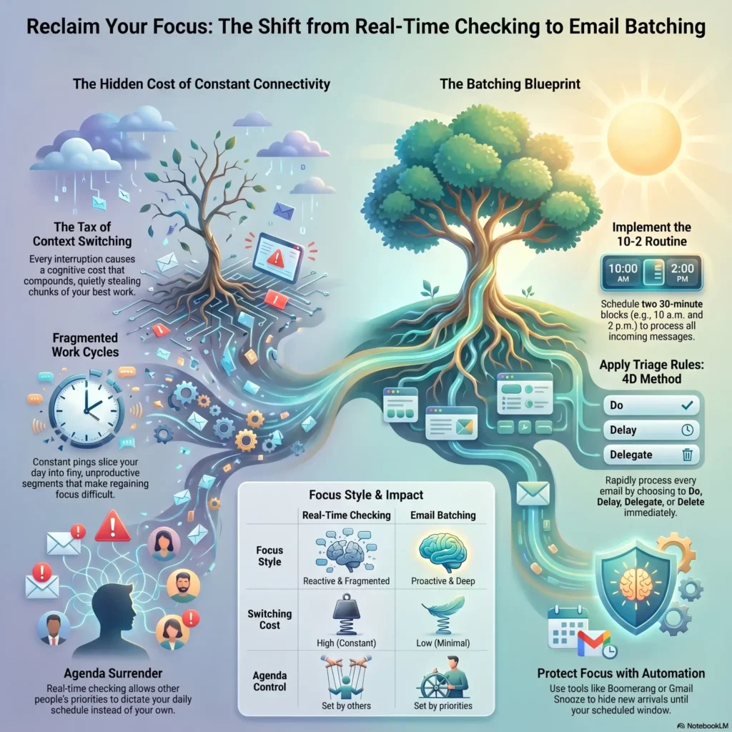 SmartKeys infographic comparing email batching strategies versus real-time checking to improve workplace focus, featuring the 10-2 routine and the 4D triage method.