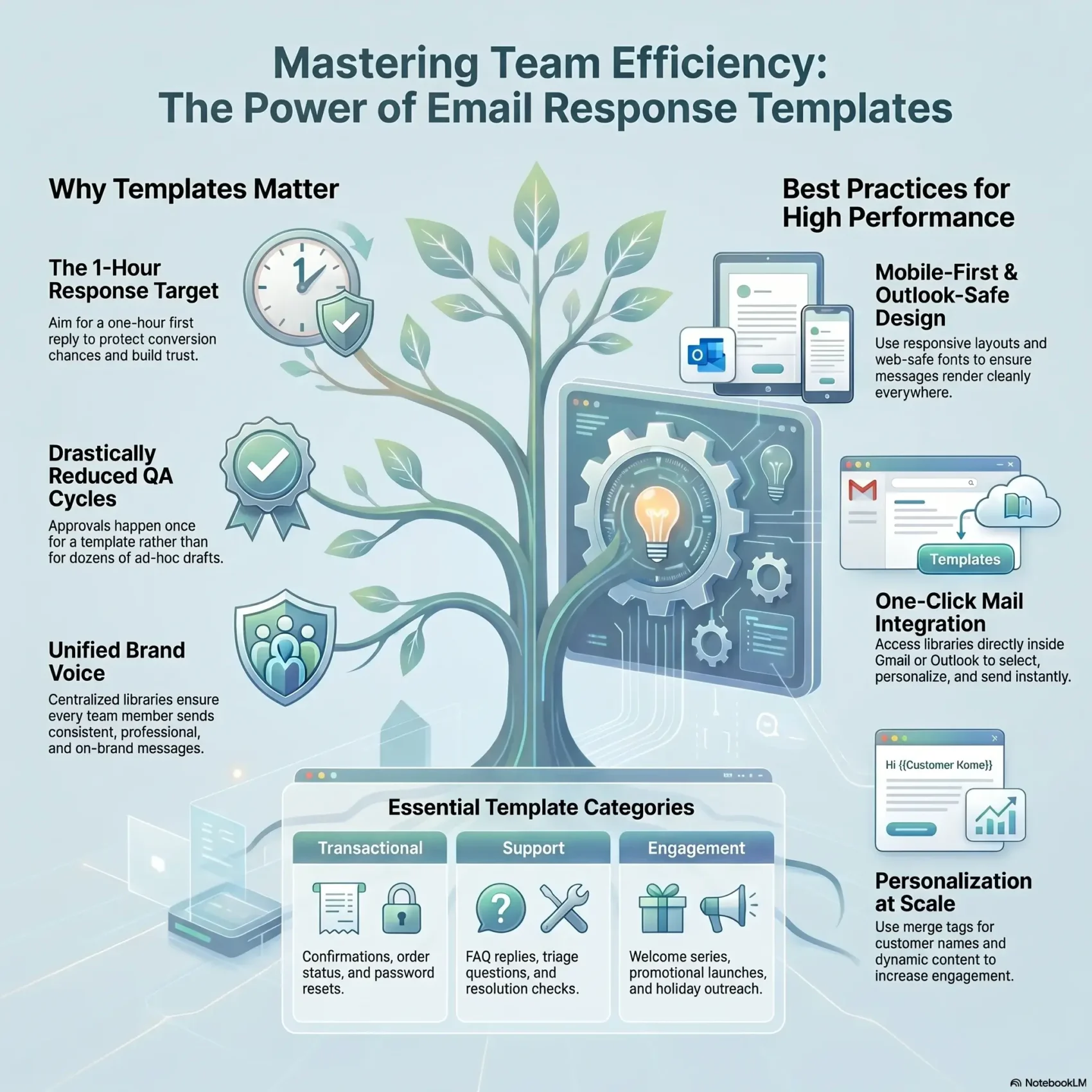 SmartKeys infographic on boosting team efficiency with email response templates, highlighting integration best practices, template categories, and personalization at scale.