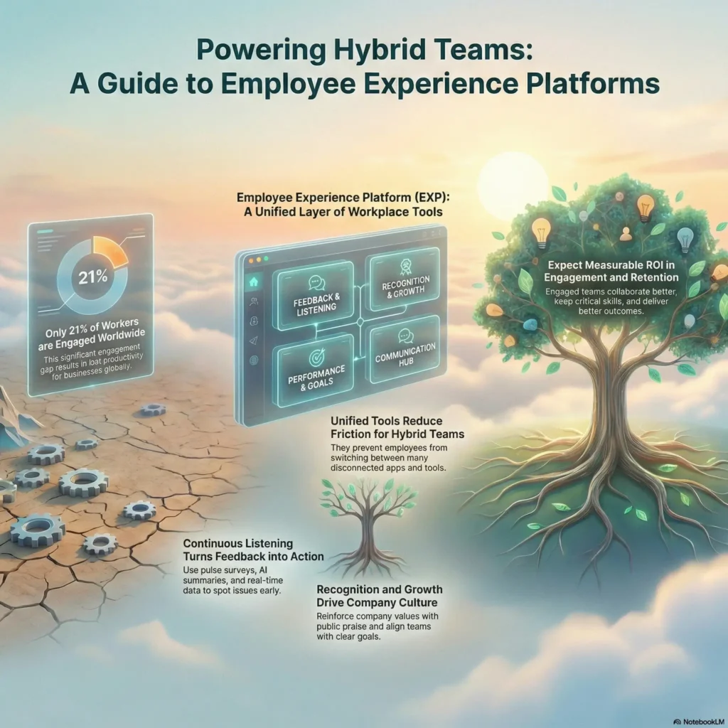 SmartKeys Infographic: Powering Hybrid Teams – A guide to Employee Experience Platforms (EXP). Visualizing how unified workplace tools address the global engagement gap, showing the transition from disconnected apps to a unified layer that drives measurable ROI, retention, and company culture through continuous listening and feedback.