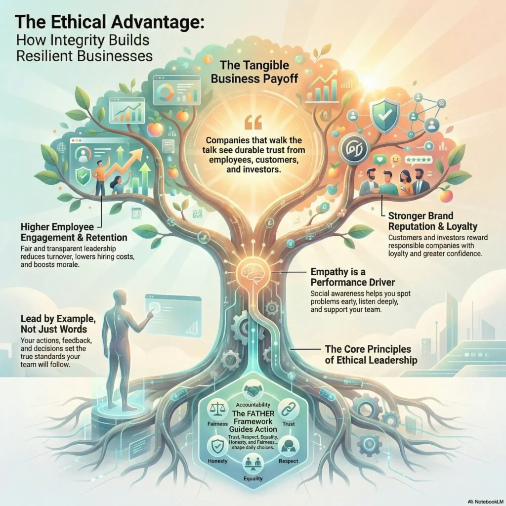 SmartKeys infographic on The Ethical Advantage, showcasing how integrity, the FATHER framework, and empathy drive business resilience and employee engagement.