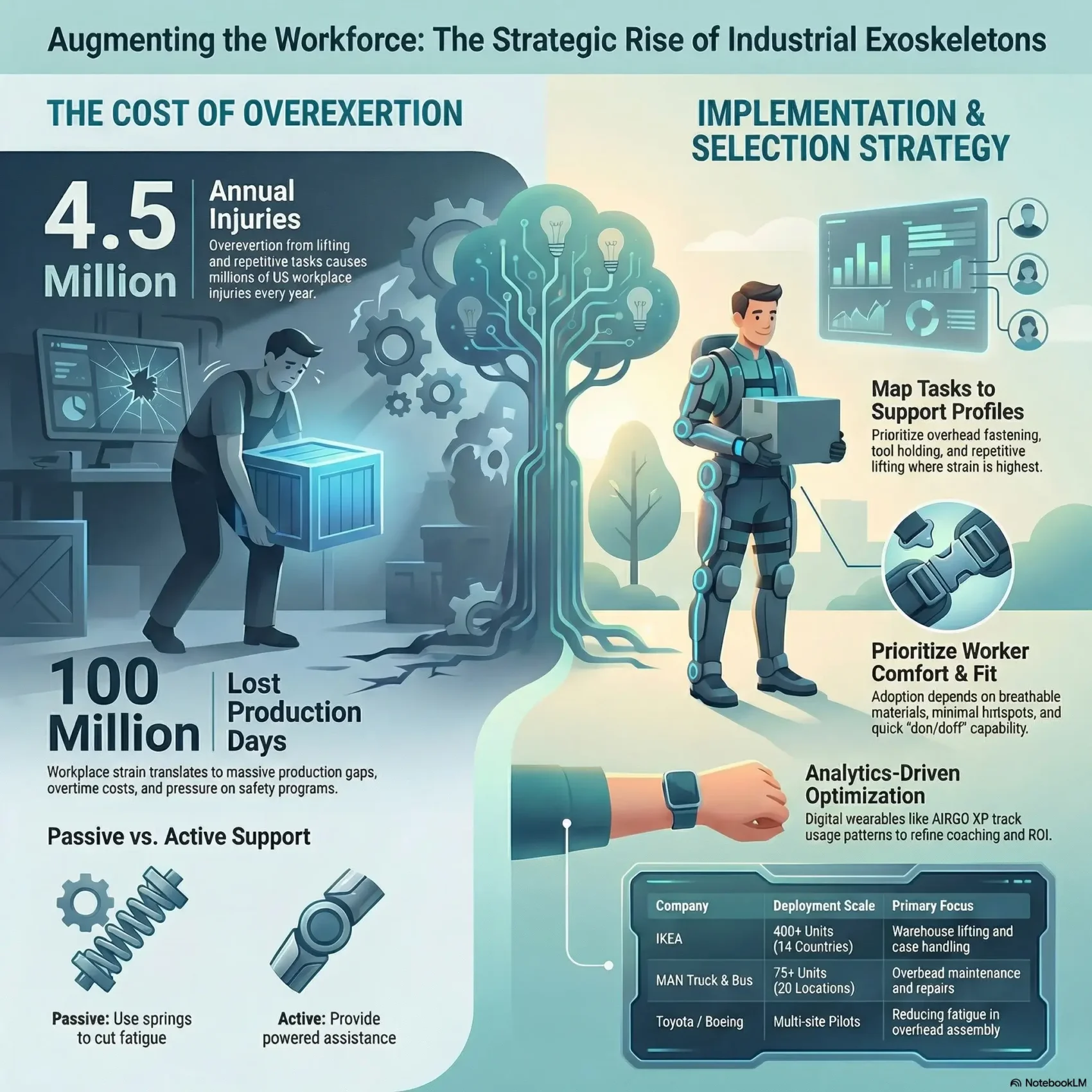 SmartKeys infographic depicting the rise of industrial exoskeletons in the workforce, highlighting how passive and active support systems augment human labor and reduce overexertion injuries.