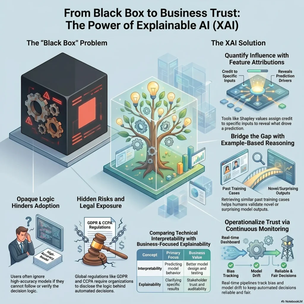 SmartKeys infographic explaining the transition from opaque black-box models to Explainable AI (XAI) to build business trust, ensure legal compliance, and monitor AI fairness.