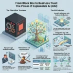 SmartKeys infographic explaining the transition from opaque black-box models to Explainable AI (XAI) to build business trust, ensure legal compliance, and monitor AI fairness.
