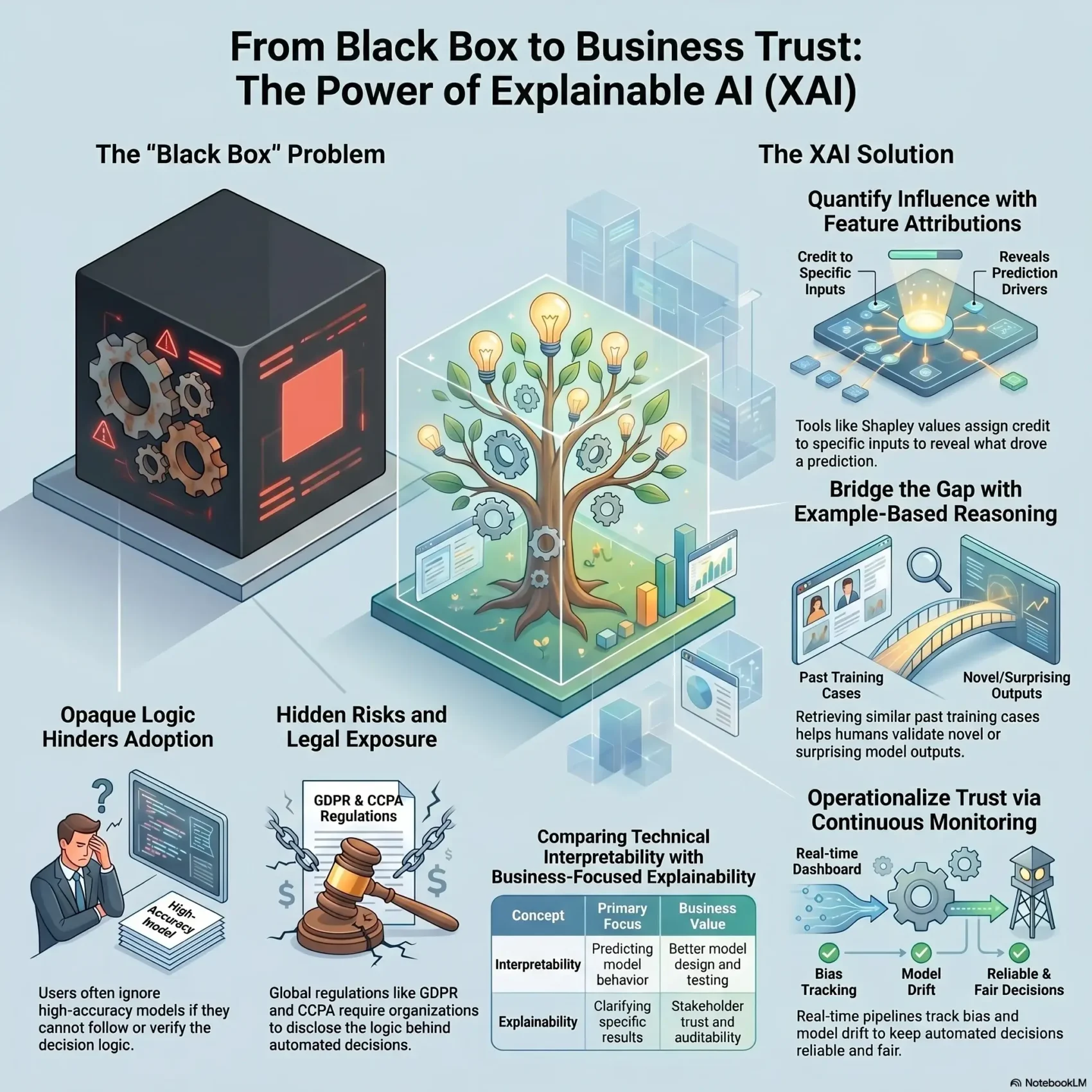 SmartKeys infographic explaining the transition from opaque black-box models to Explainable AI (XAI) to build business trust, ensure legal compliance, and monitor AI fairness.