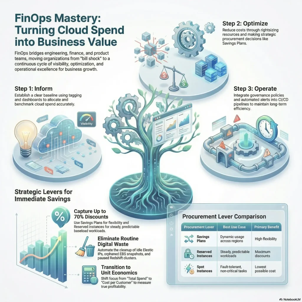 SmartKeys infographic detailing FinOps best practices, providing a strategic step-by-step cycle to inform, optimize, and operate cloud operations to maximize business value and reduce spend.