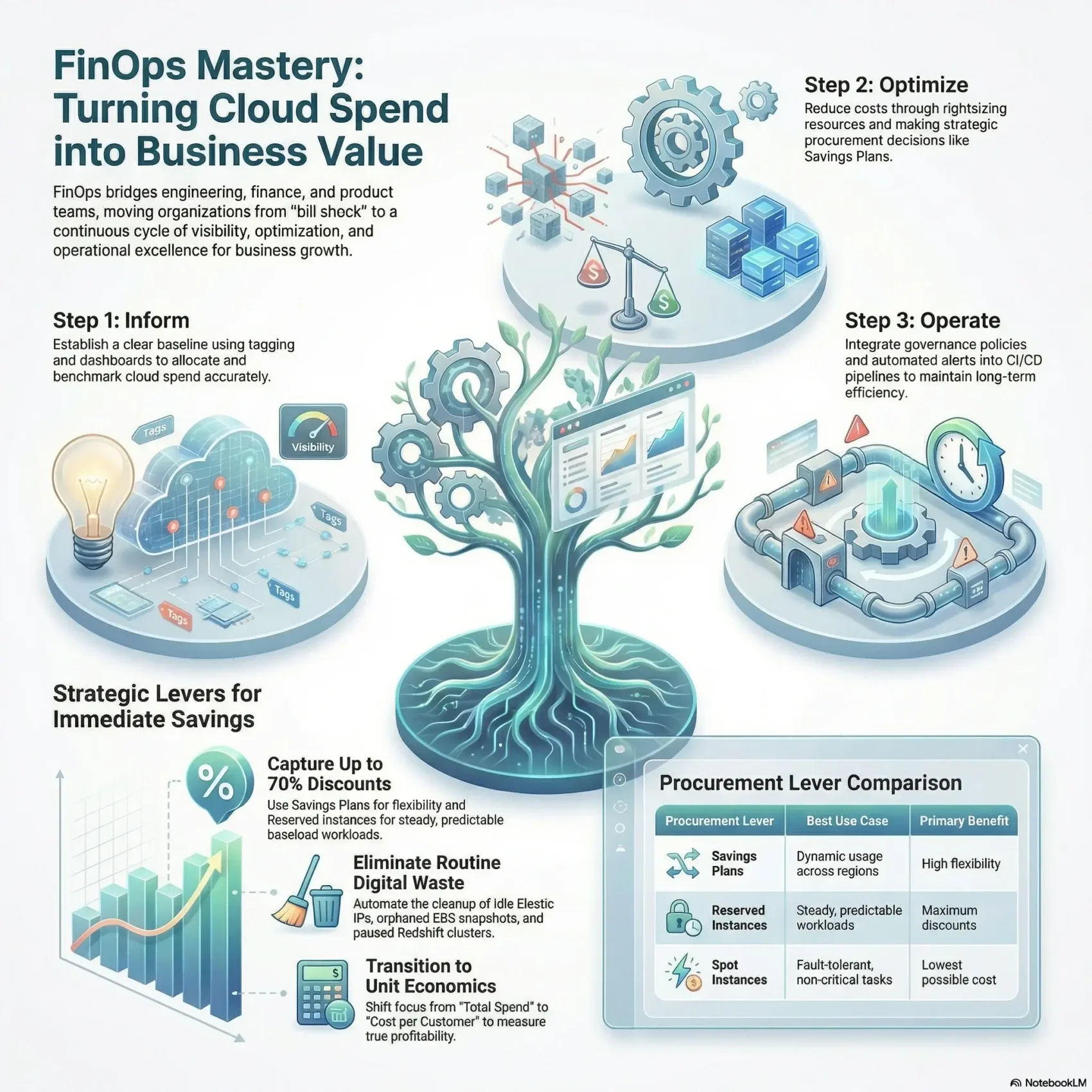 SmartKeys infographic detailing FinOps best practices, providing a strategic step-by-step cycle to inform, optimize, and operate cloud operations to maximize business value and reduce spend.