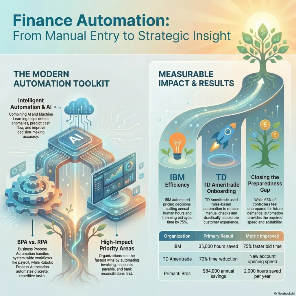 SmartKeys infographic showcasing finance automation trends, detailing how intelligent AI and RPA streamline business accounting, improve efficiency, and generate strategic insights.