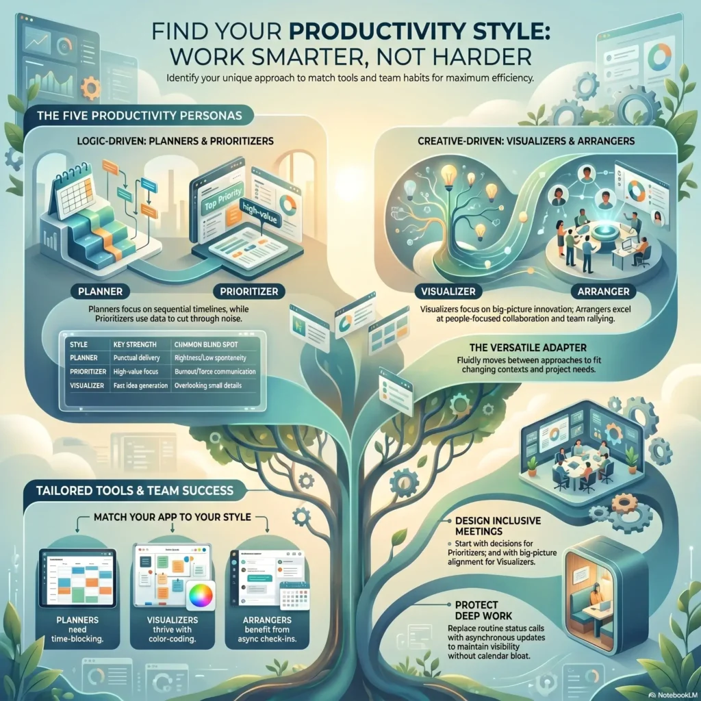 SmartKeys infographic exploring five distinct productivity styles—Planner, Prioritizer, Visualizer, Arranger, and Versatile Adapter—with actionable tips on matching personal habits to the right tools for maximum efficiency.