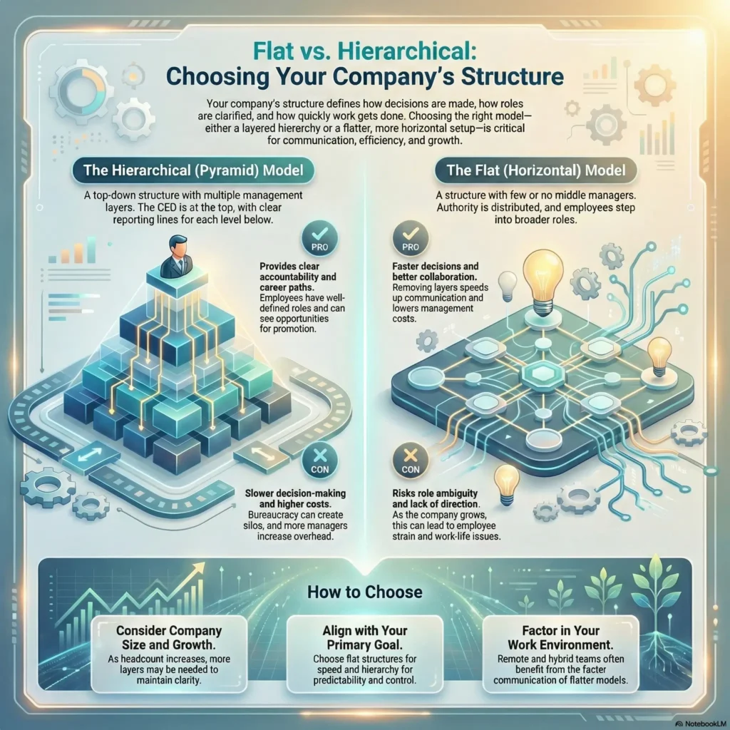 Infographic comparing Flat vs. Hierarchical organizational structures, detailing the pros and cons of pyramid versus horizontal management models for business growth.
