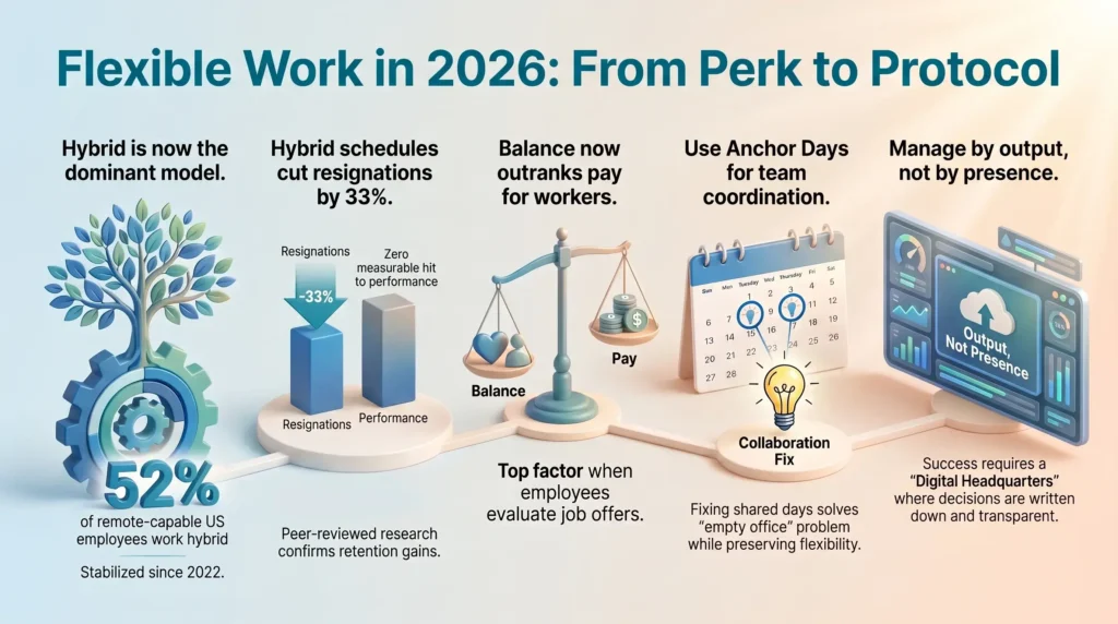 Infographic illustrating flexible work schedule trends in 2026, covering hybrid adoption statistics, employee retention benefits, anchor days, and output-based management.