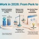 Infographic illustrating flexible work schedule trends in 2026, covering hybrid adoption statistics, employee retention benefits, anchor days, and output-based management.
